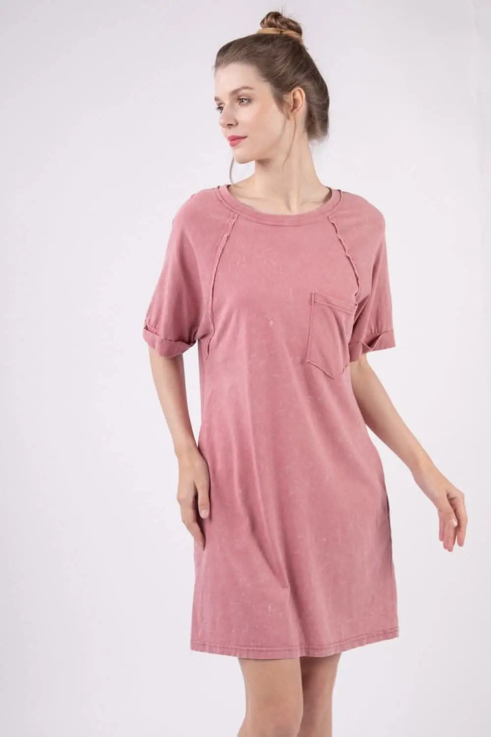 VERY J Washed Round Neck Mini Tee Dress for Effortless Style - Love Salve